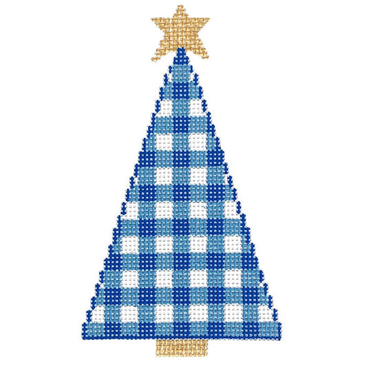 Gingham Tree-Blue Painted Canvas SilverStitch Needlepoint 