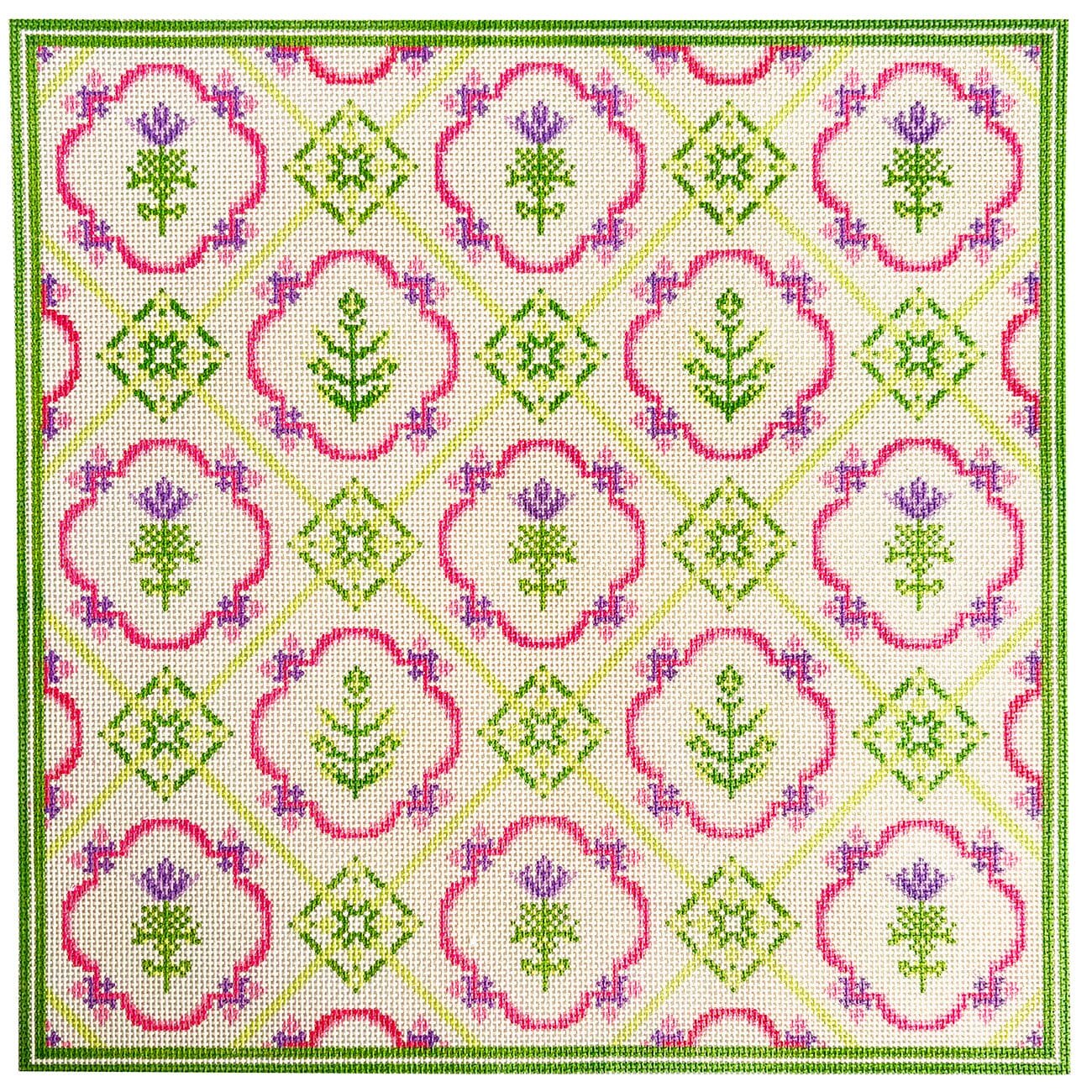 Green & Pink Floral Tile Pattern 15x15 | Needlepoint.Com