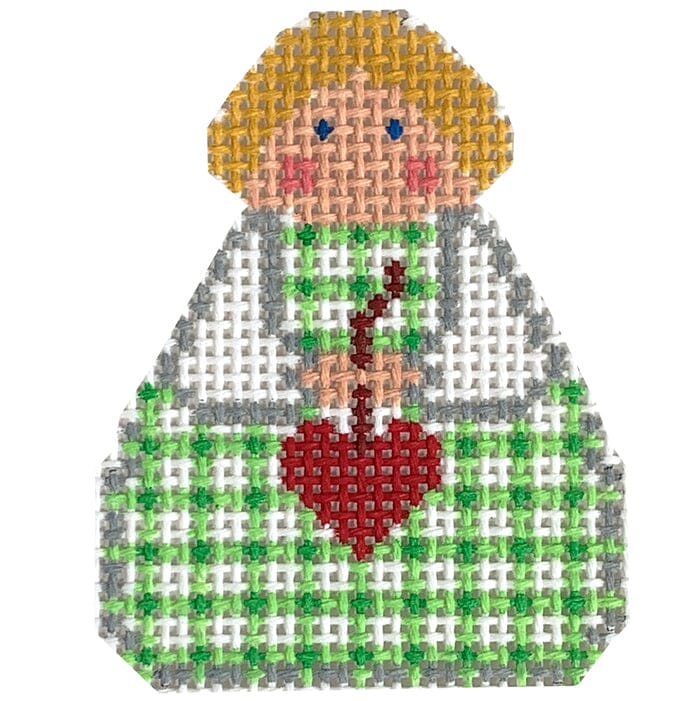 Green Plaid with Red Heart Angel Ornament Painted Canvas Stitch Its - 1