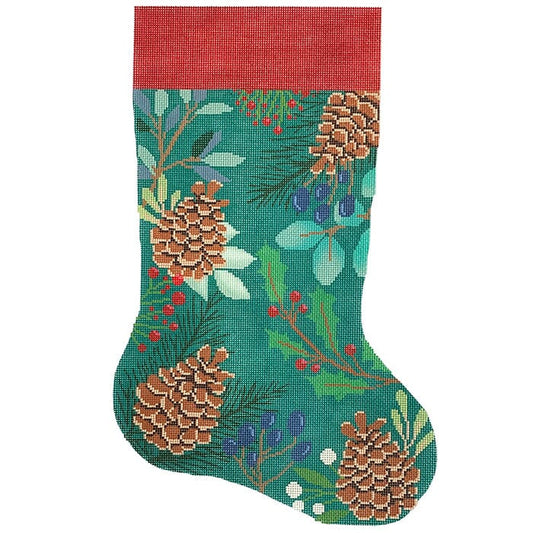 Green Stocking with Pinecones Painted Canvas Laura Love Designs 