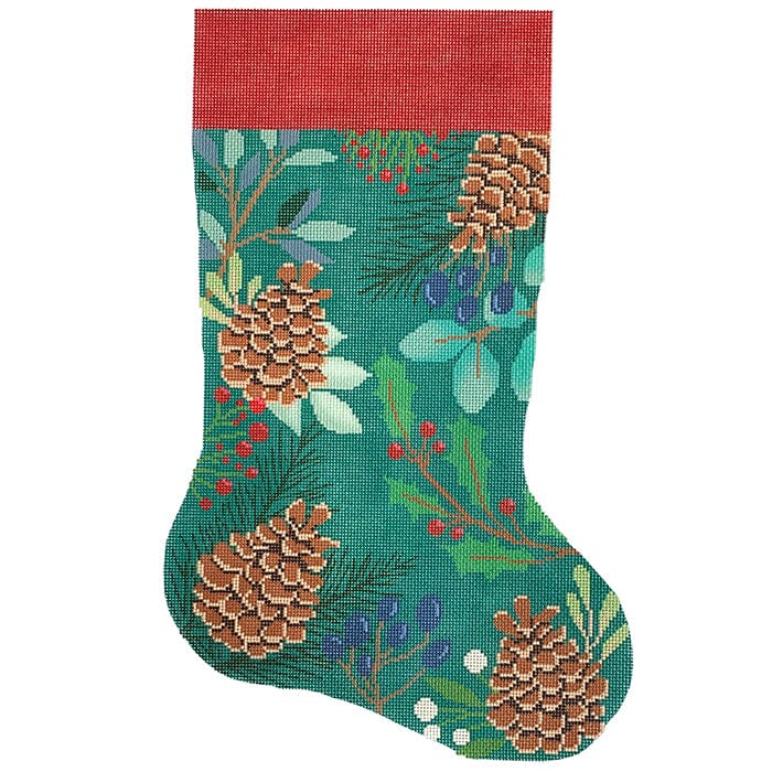 Green Stocking with Pinecones Painted Canvas Laura Love Designs - 1