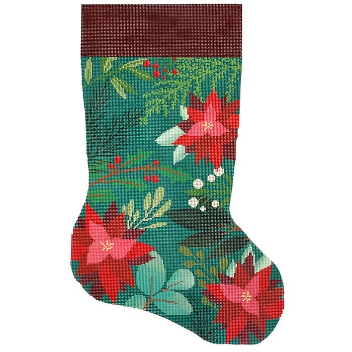 Green Stocking with Red Flowers Painted Canvas Laura Love Designs - 1