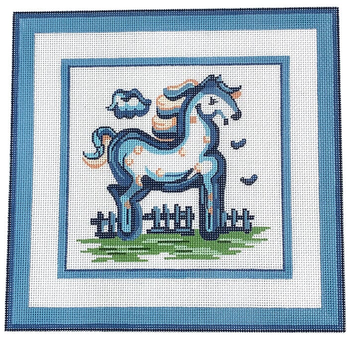 Hadley Pottery Blue Horse Painted Canvas Silver Needle - 1