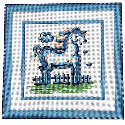 Hadley Pottery Blue Horse Painted Canvas Silver Needle 