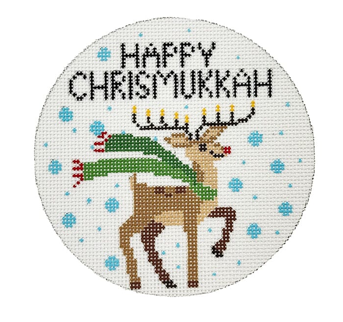 Happy Chrismakkuh Reindeer Round Painted Canvas Laura Love Designs - 1