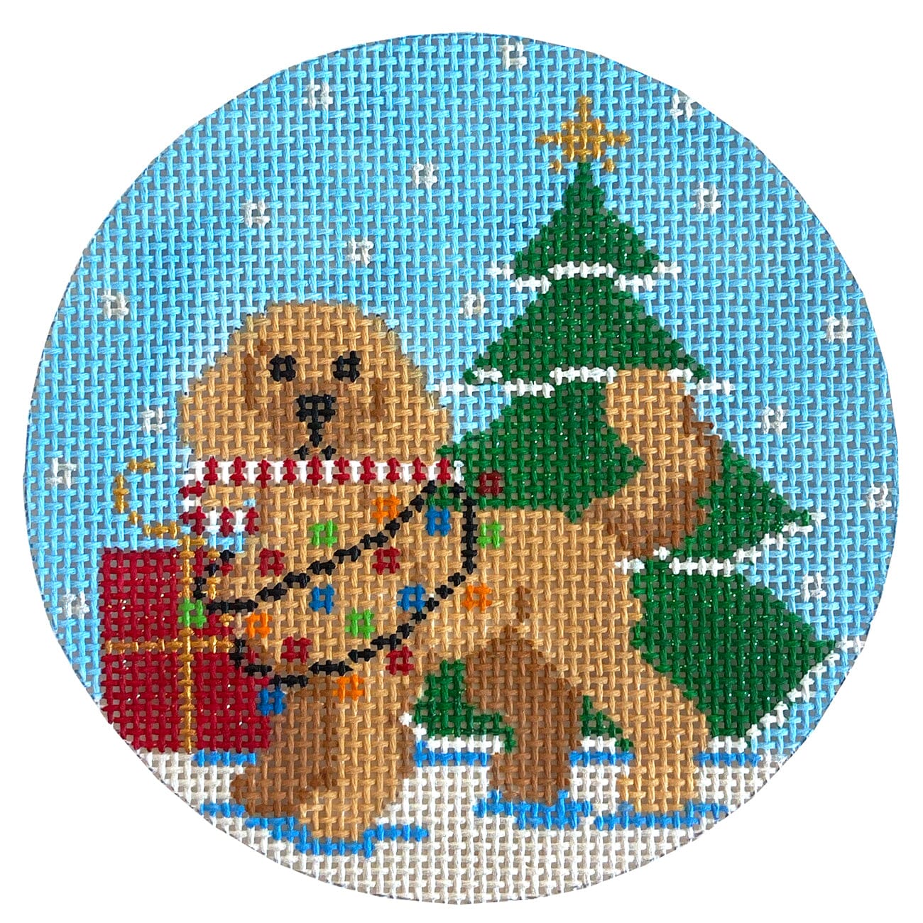 Holiday Pooch Golden Doodle Round Painted Canvas The Meredith Collection - 1