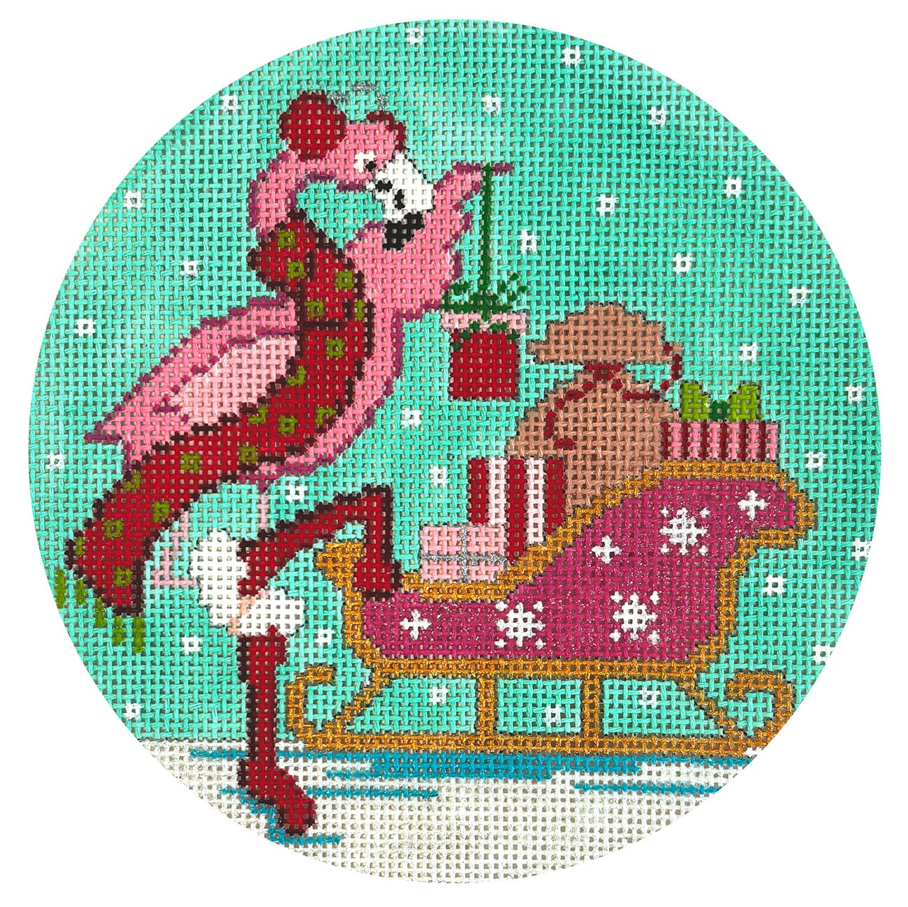 Holly Elfmingo Round Painted Canvas The Meredith Collection - 1