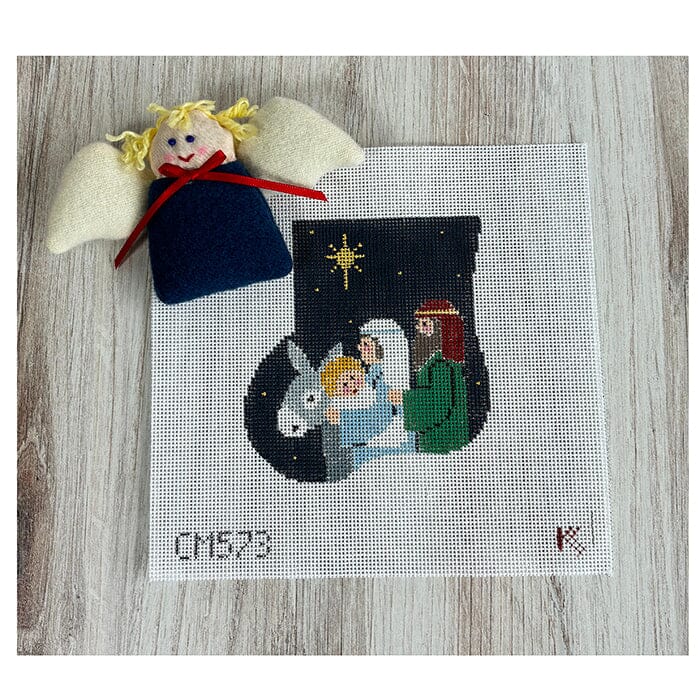 Holy Family Mini Sock with Angel Insert Painted Canvas Kathy Schenkel Designs
