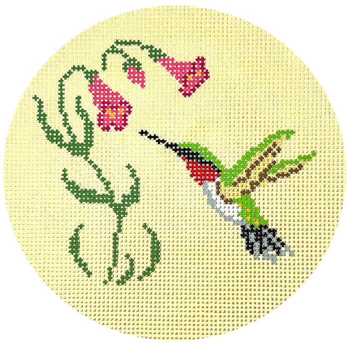 Hummingbird & Flowers Round Painted Canvas Atlantic Blue Canvas - 1