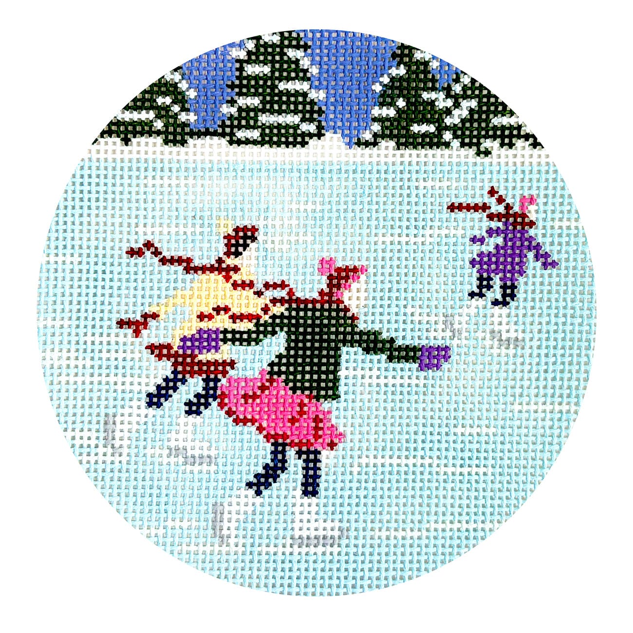 Ice Skaters Painted Canvas Dogwood Needlepoint - 1
