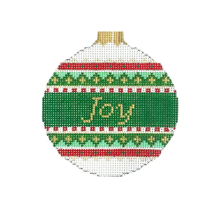 Joy Green/Red Stripe, 3.25" Round Painted Canvas Susan Roberts Needlepoint Designs Inc. - 1