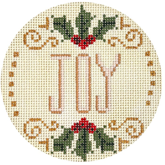 Joy with Holly Round Painted Canvas Alice Peterson Company