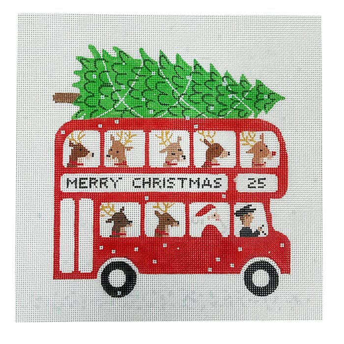 Klara Hawkins London Christmas – Bus w/ Santa & Reindeer Painted Canvas Kate Dickerson Needlepoint Collections - 1