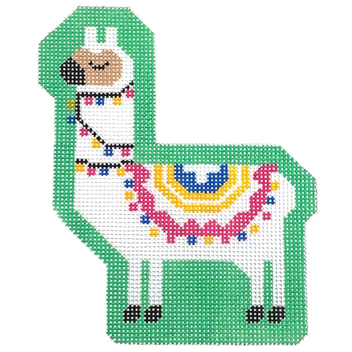 Larry the Llama on Green Painted Canvas Stitch Rock Designs - 1