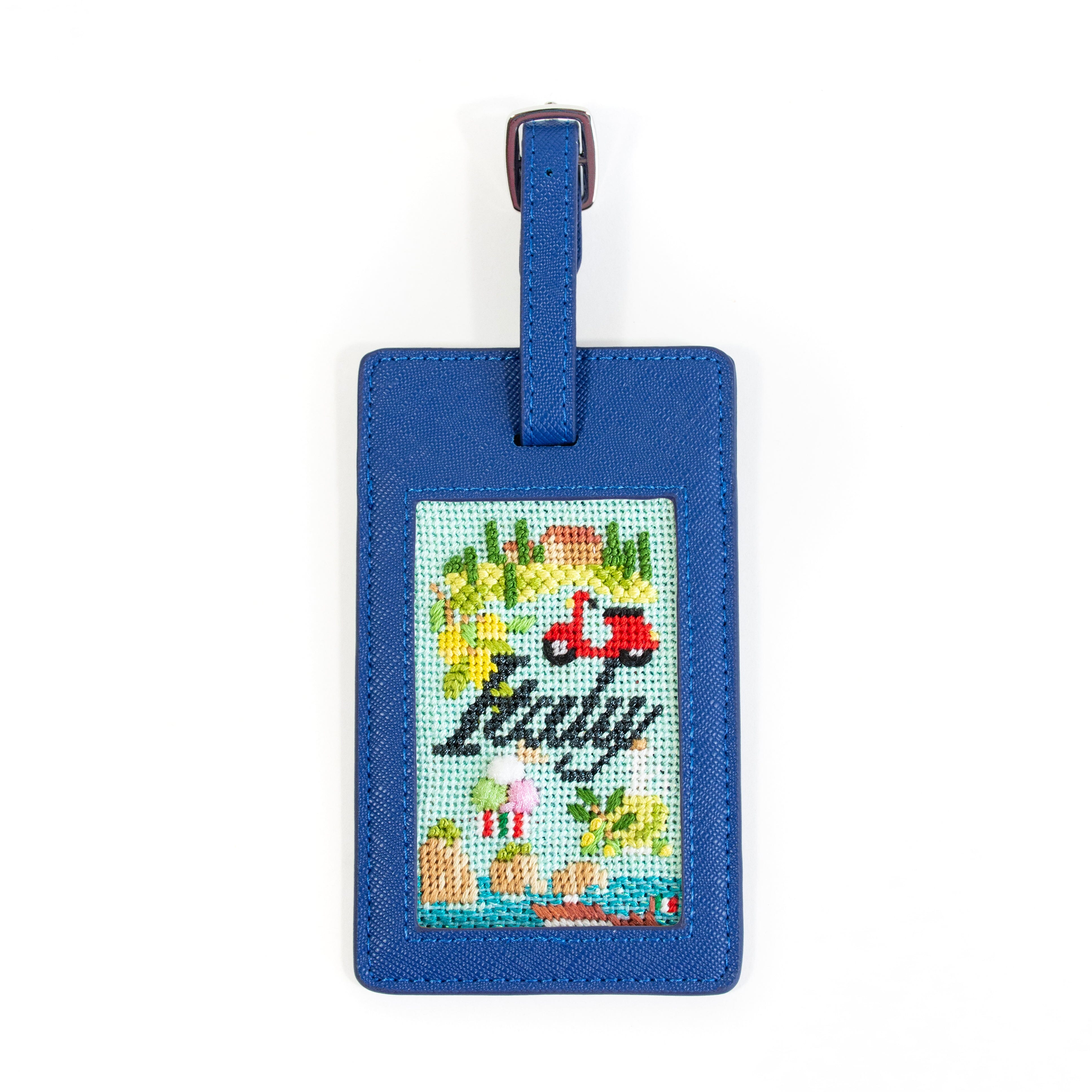 Leather Bag Tag Blue Leather Goods Needlepoint.Com