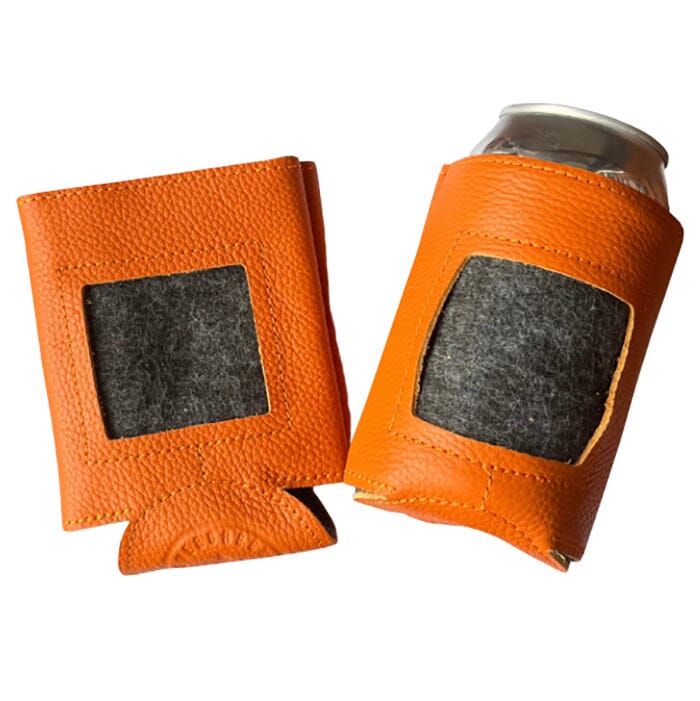 Leather Self Finishing Standard Can Cozy Bright Orange Leather Goods Evergreen Needlepoint