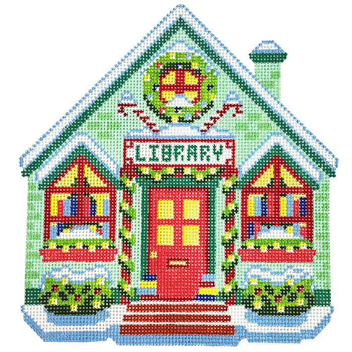 Library Christmas Village Painted Canvas Lucky Lotus Needlepoint - 1