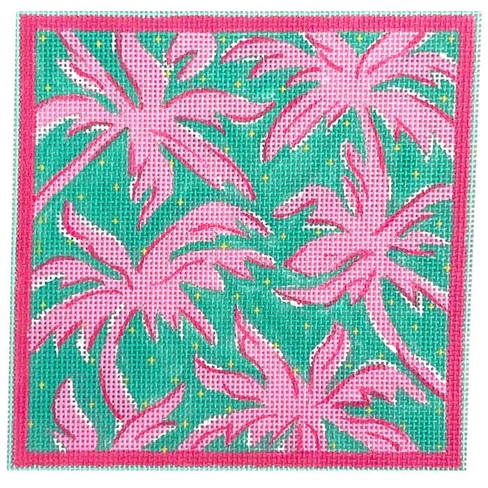 Lilly Letter 5x5 Palms, Hot Pink w/Turquoise Painted Canvas Kate Dickerson Needlepoint Collections - 1