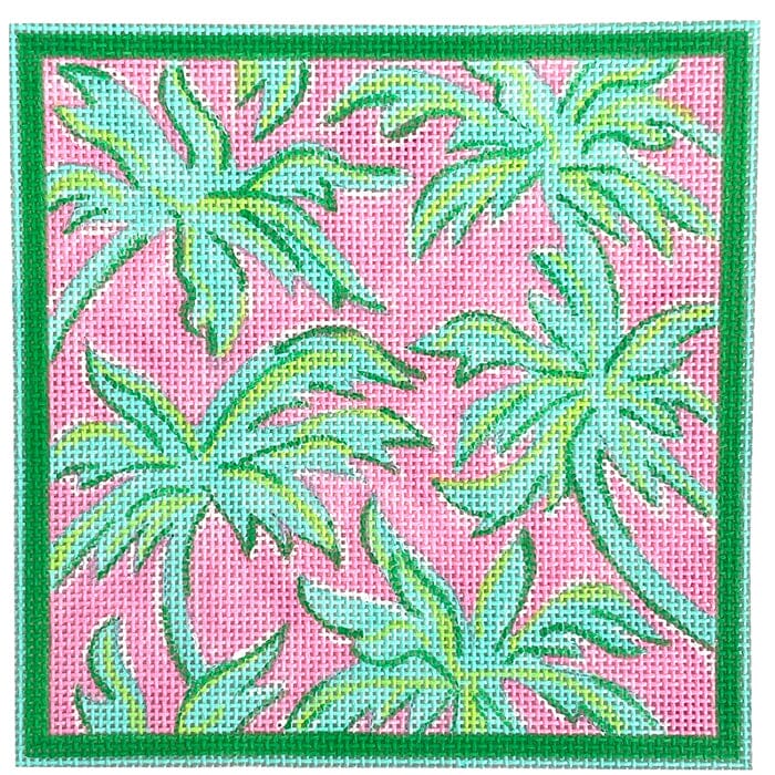 Lilly Letter 5x5 Palms, Turquoise w/Lime & Pink Painted Canvas Kate Dickerson Needlepoint Collections - 1