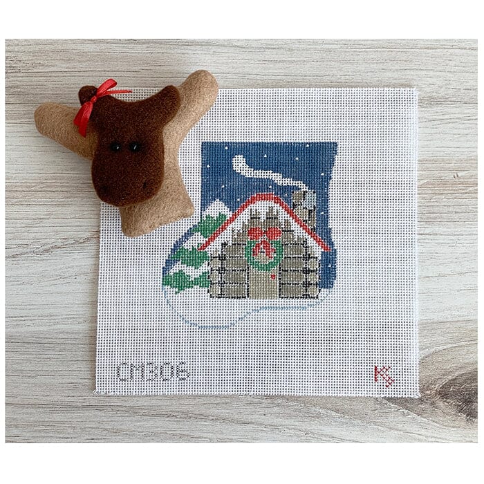 Log Cabin Mini Sock w/Moose Insert Painted Canvas Kathy Schenkel Designs - 1