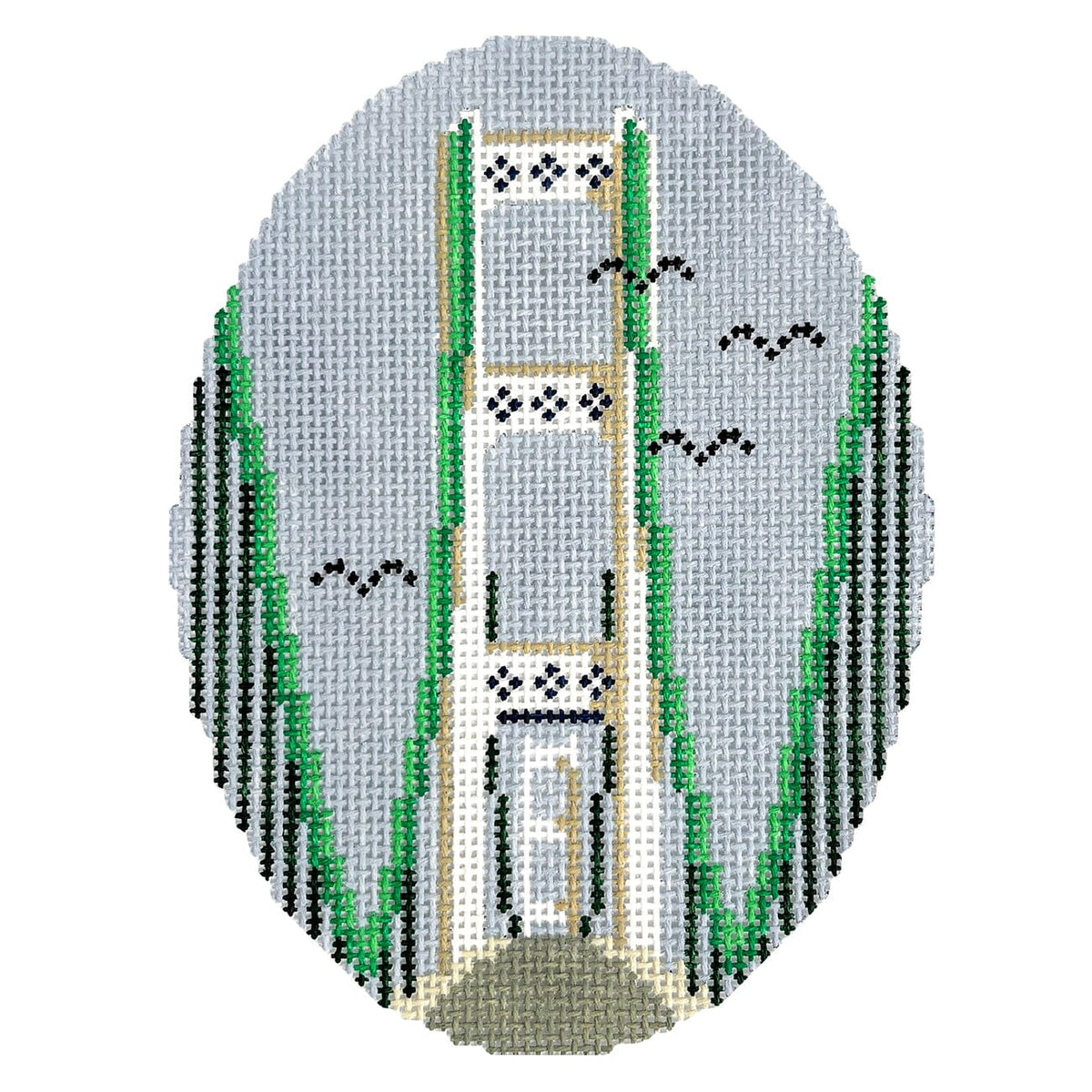 Mackinac Bridge Oval Painted Canvas Dogwood Needlepoint - 1