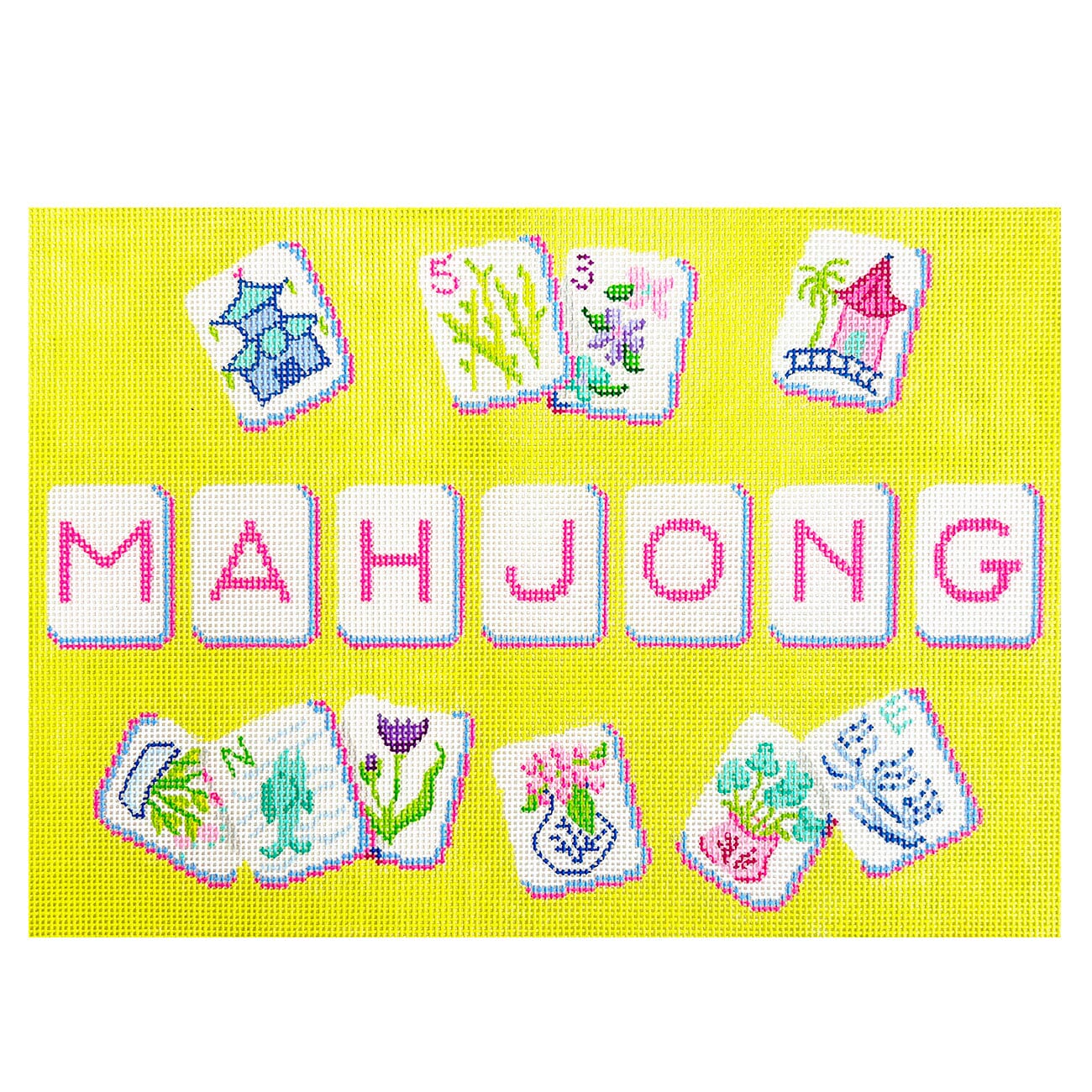 Mahjong Tile Bag Chinoiserie Theme, on Lime Painted Canvas Kate Dickerson Needlepoint Collections - 1