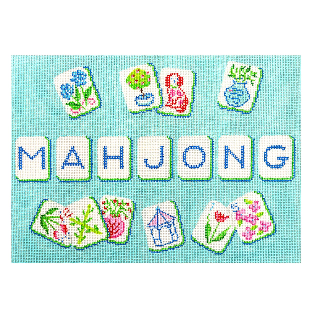Mahjong Tile Bag English Country Theme, on Blue Painted Canvas Kate Dickerson Needlepoint Collections - 1