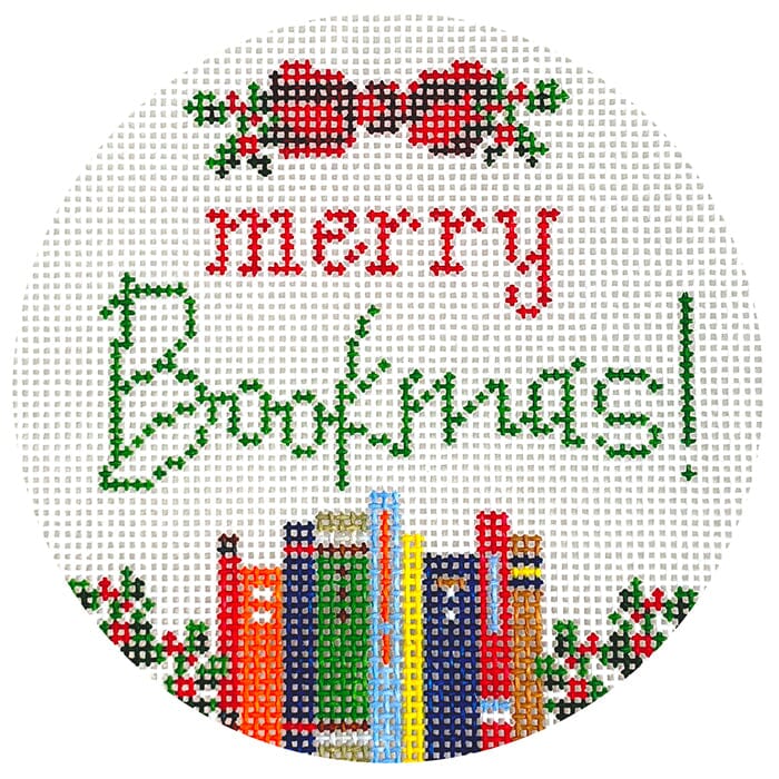 Merry Bookmas! Round Painted Canvas Wipstitch Needleworks