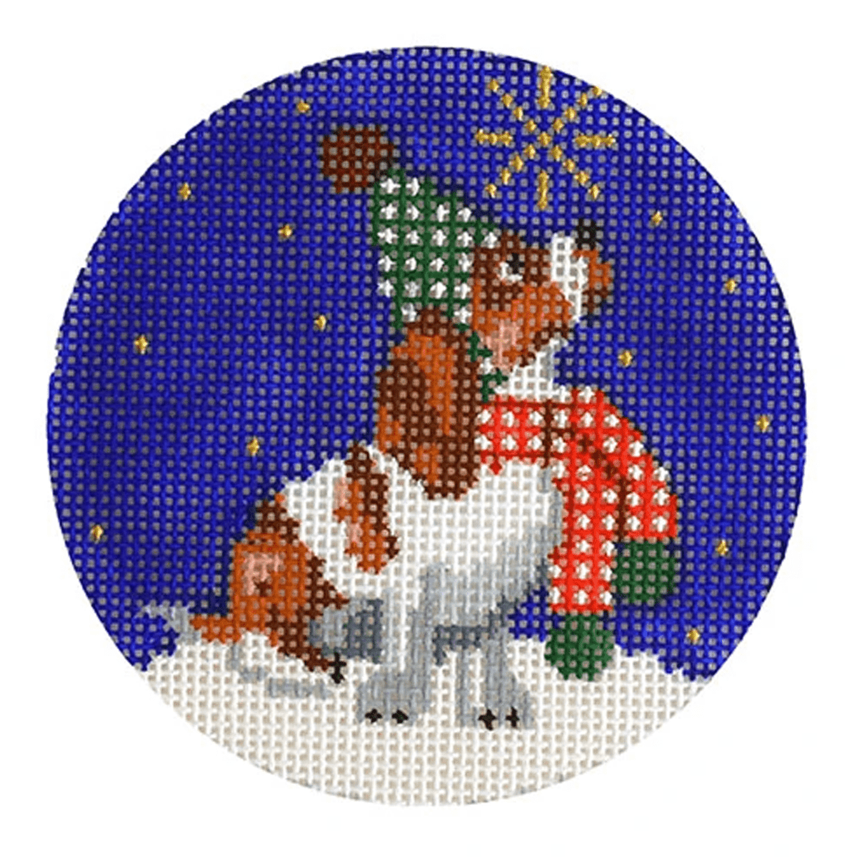 Midnight Basset Hound Round with Stitch Guide Painted Canvas Kirk & Bradley - 1