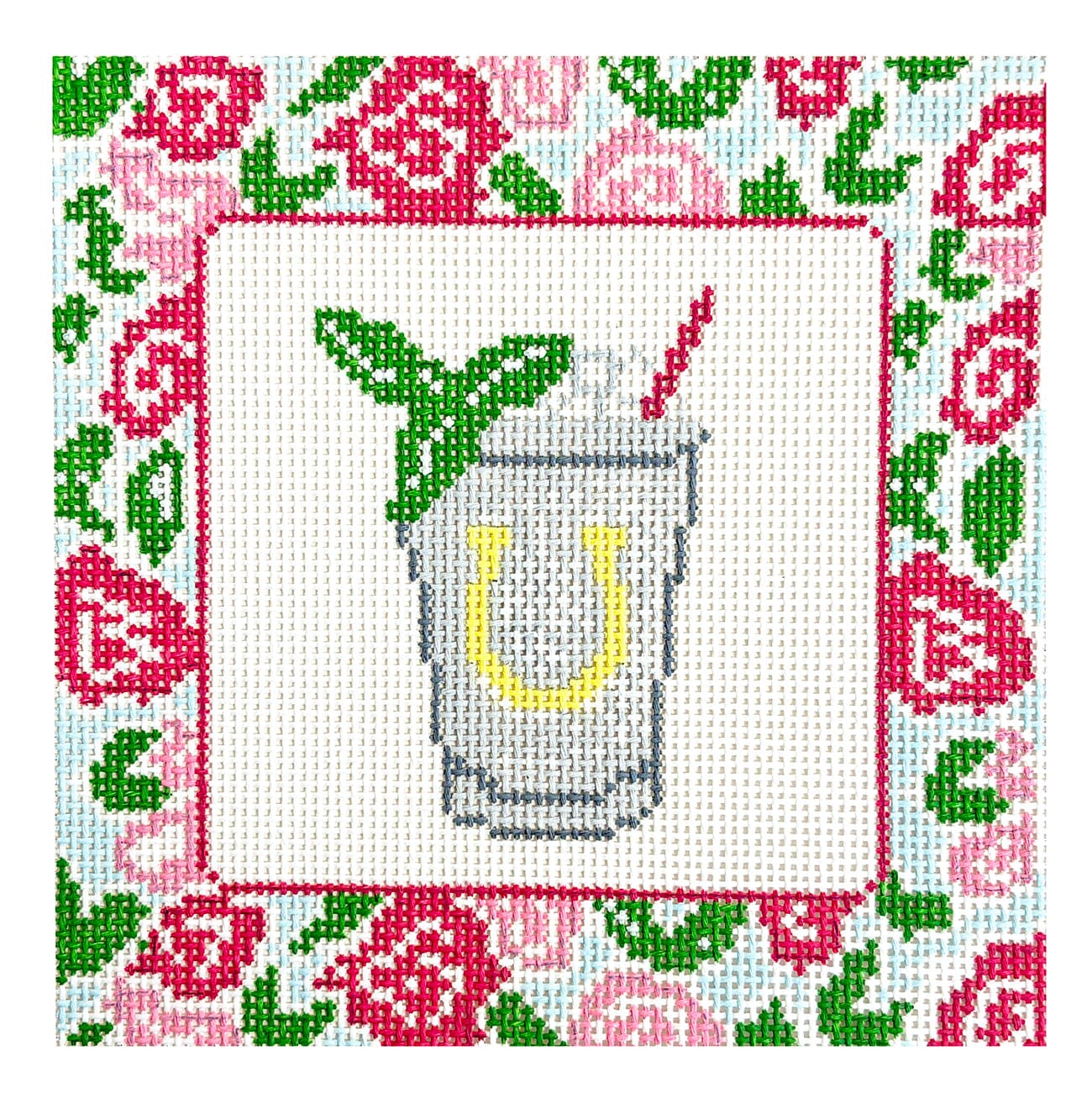 Mint Julep with Roses Square Painted Canvas Blue Waters Needlepoint - 1