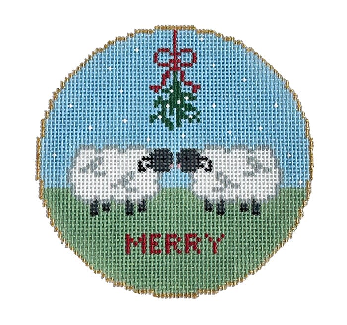 Mistletoe Sheep Round Painted Canvas Goodpoint Needlepoint