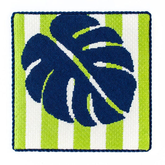 Monstera Stencil on Blue Square with Stitch Guide Printed Canvas Two Sisters Needlepoint 