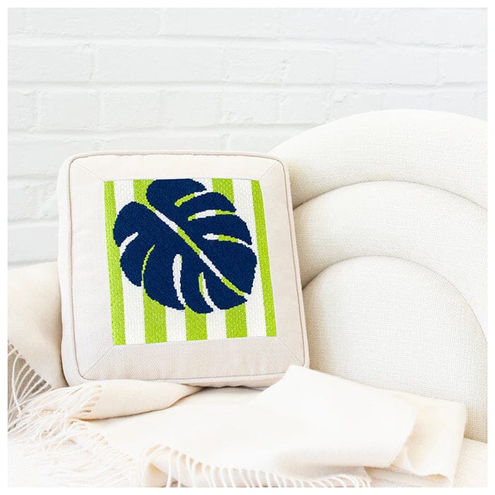 Monstera Stencil on Blue Square with Stitch Guide Printed Canvas Two Sisters Needlepoint