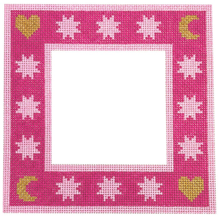 Moon & Stars Frame Pink Painted Canvas Goodpoint Needlepoint - 1