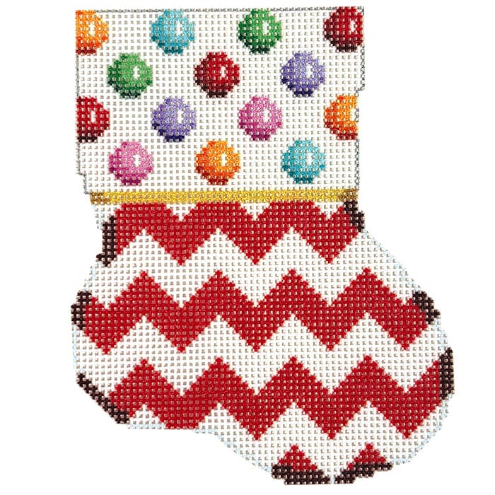 MultiDot/Red Chevron Mini Sock Printed Canvas Two Sisters Needlepoint