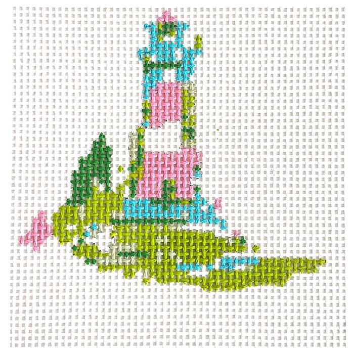 Nantucket Lighthouse Pink/Green 4x4 Painted Canvas Blue Waters Needlepoint - 1