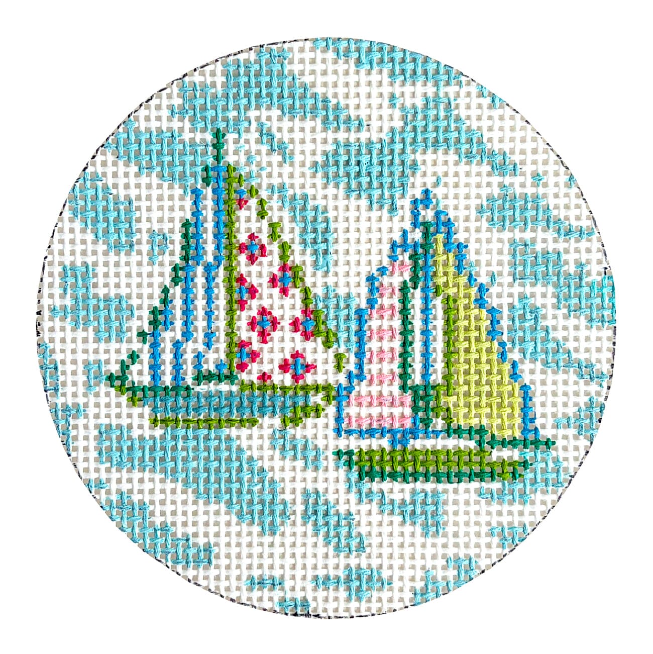 Nantucket Sailboats 4" Round Painted Canvas Blue Waters Needlepoint - 1