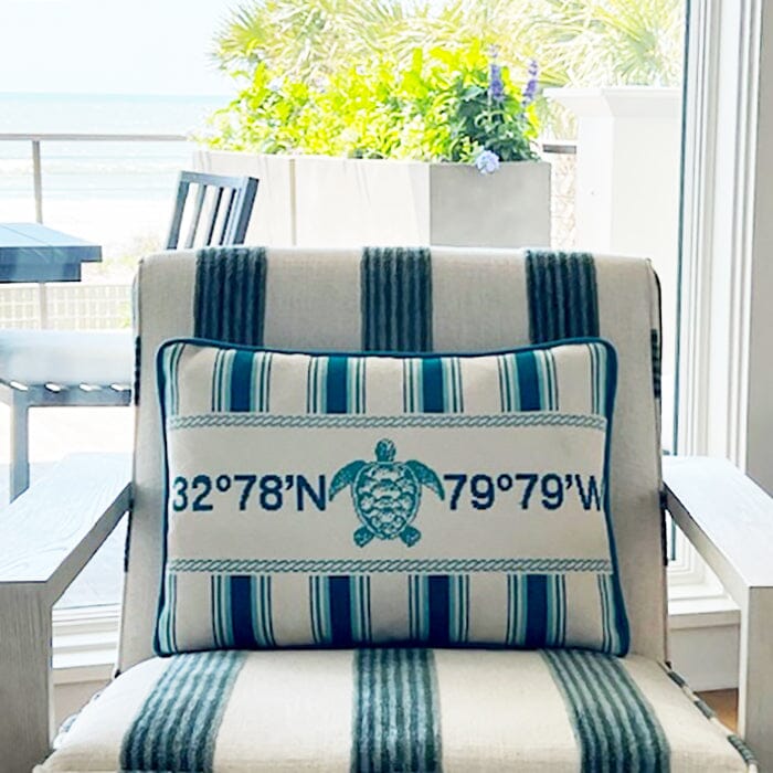 Nautical Pillow   Aqua Turtle Painted Canvas Kirk & Bradley