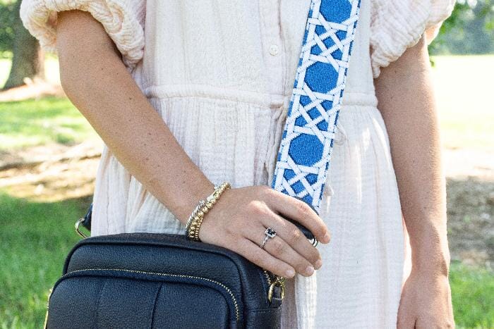 Navy Caning Crossbody Strap Printed Canvas Two Sisters Needlepoint