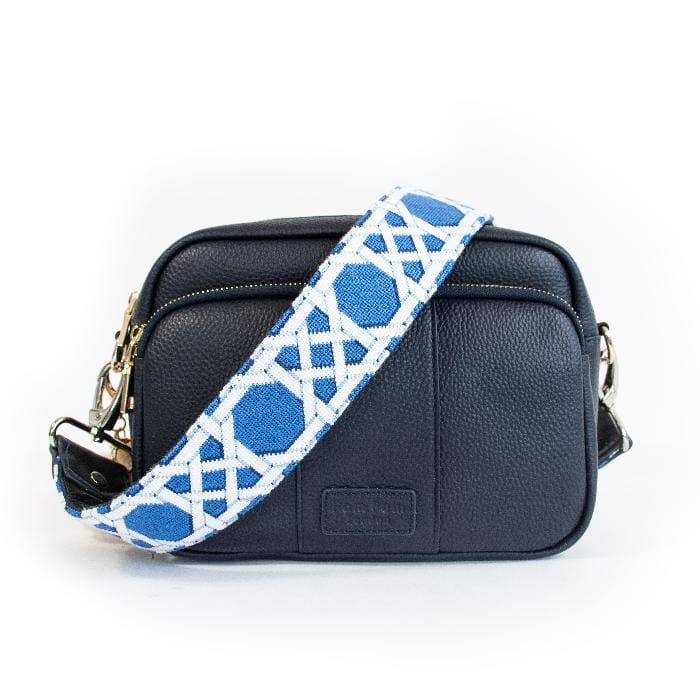 Navy Caning Crossbody Strap Printed Canvas Two Sisters Needlepoint