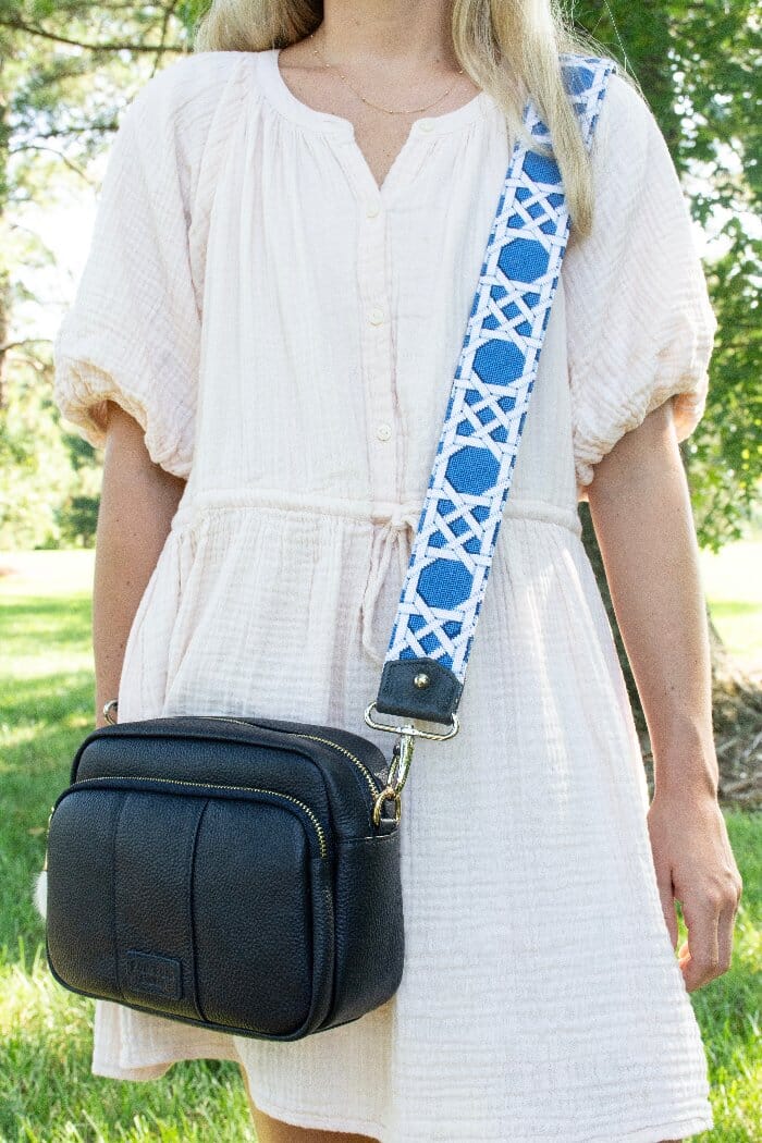 Navy Caning Crossbody Strap Printed Canvas Two Sisters Needlepoint