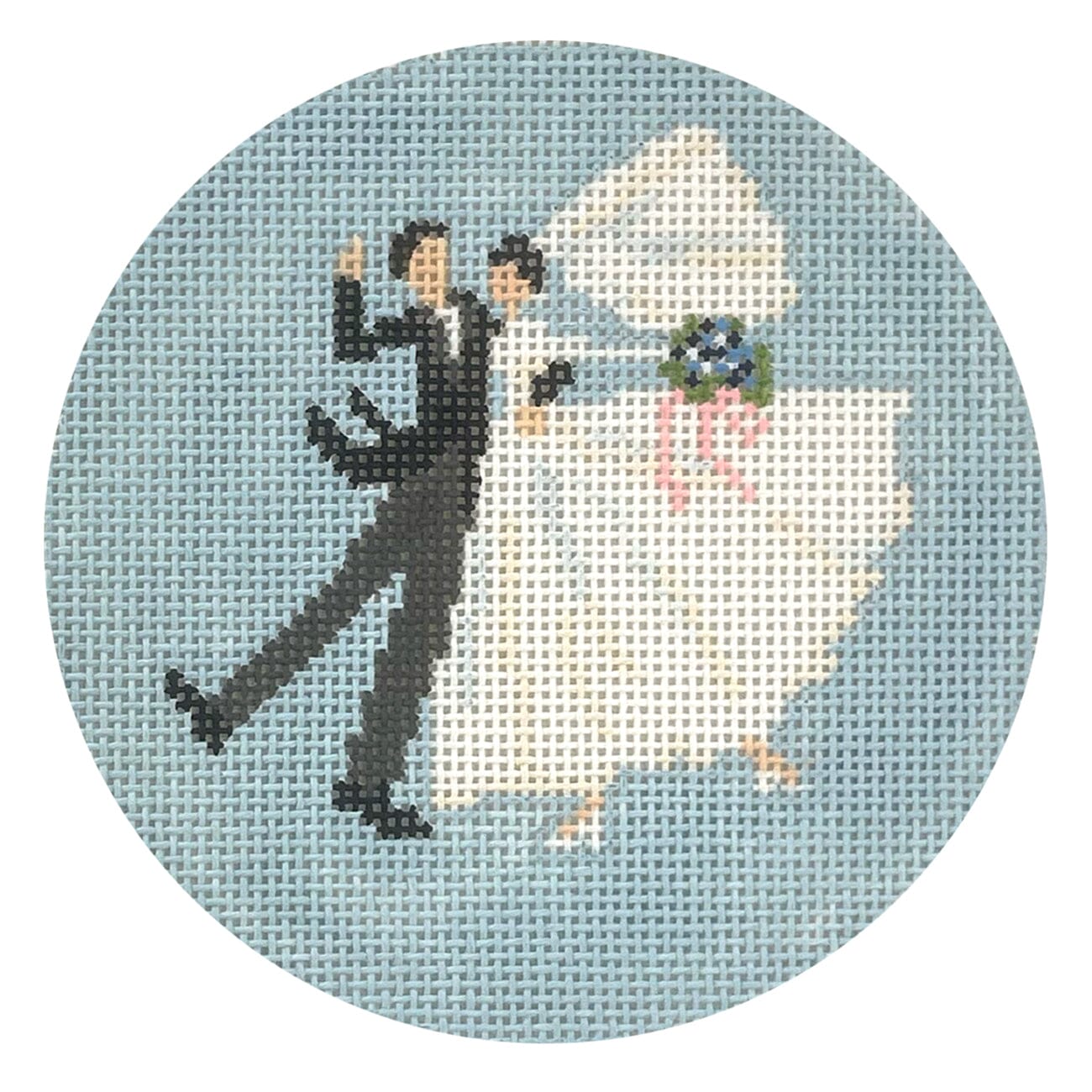 Newlyweds Round Painted Canvas Dogwood Needlepoint - 1