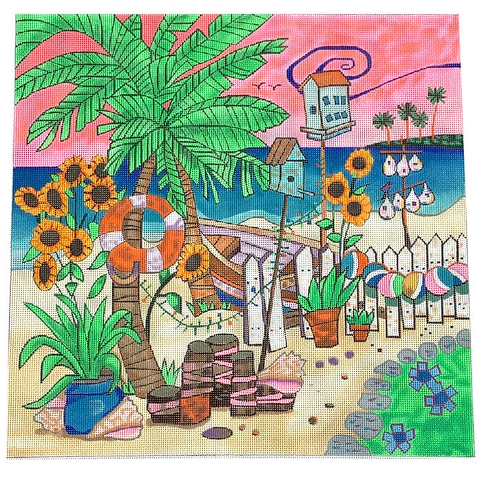 Oasis on the Beach Painted Canvas Purple Palm Designs - 1