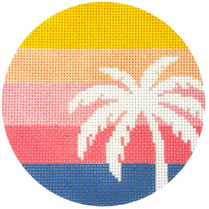 Palm Tree on Stripes Round Painted Canvas Lauren Bloch Designs