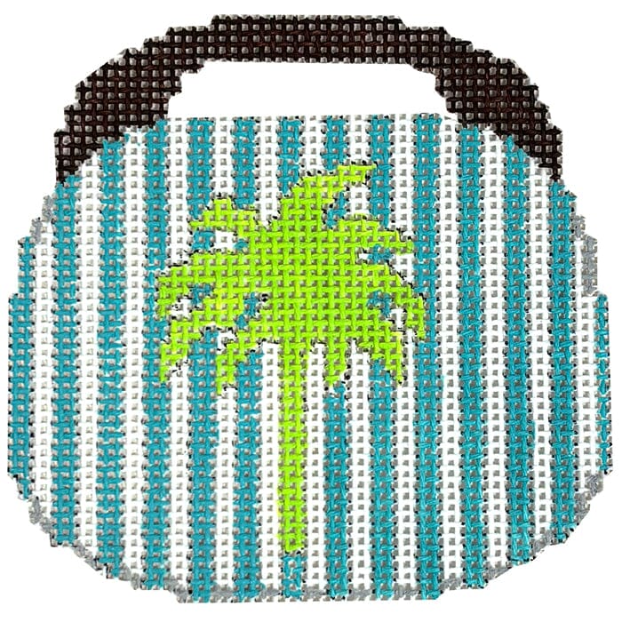 Palm Tree on Turquoise/White Stripe Purse Ornament Painted Canvas Kristine Kingston - 1