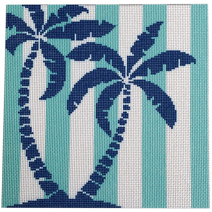 Palm Tree Stencil on Aqua Painted Canvas Two Sisters Needlepoint