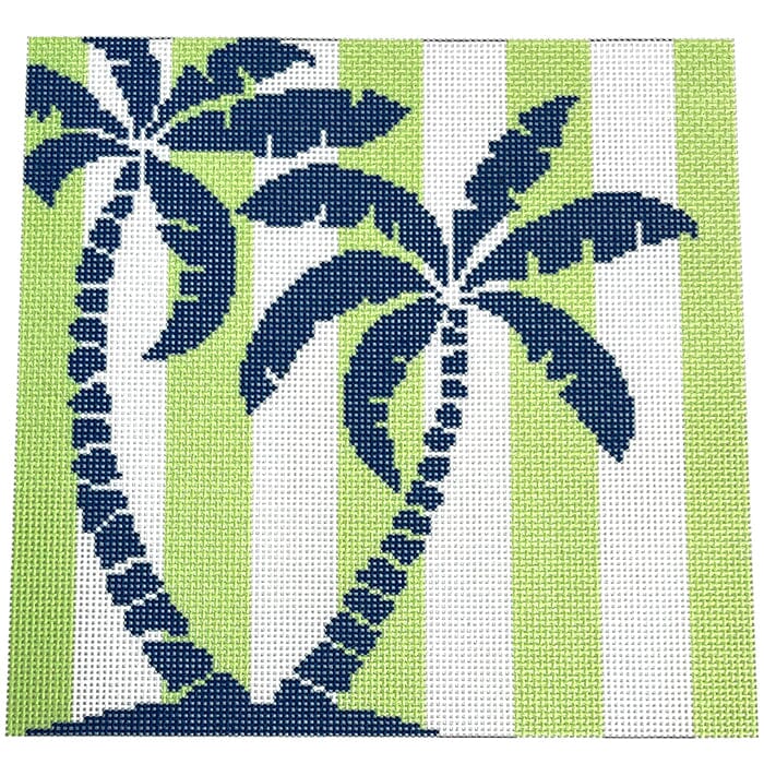 Palm Tree Stencil on Lime Printed Canvas Two Sisters Needlepoint - 1