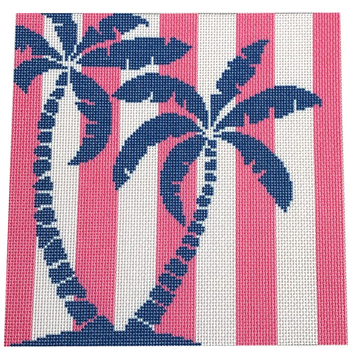 Palm Tree Stencil on Pink Printed Canvas Two Sisters Needlepoint