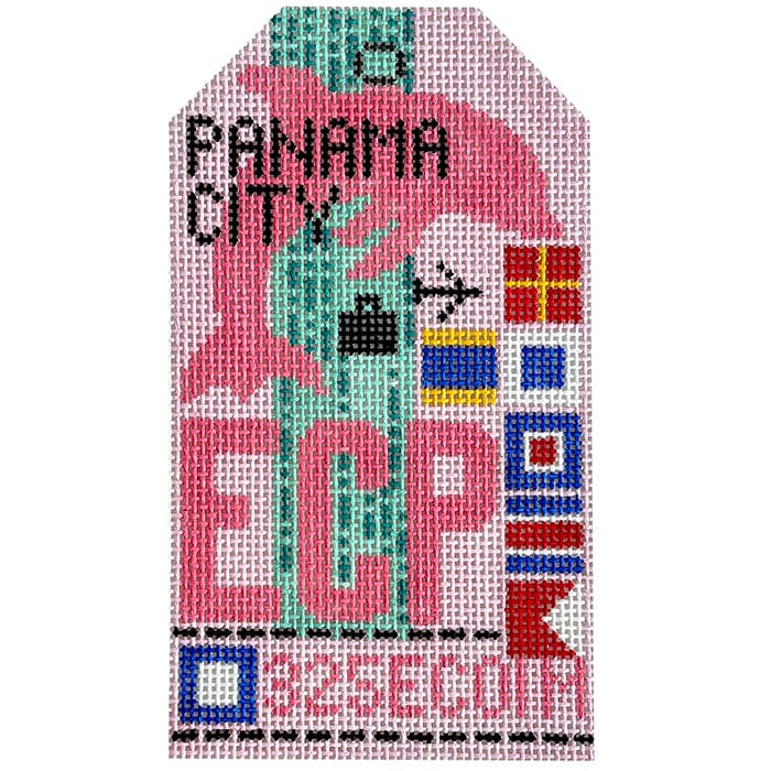 Panama City ECP Retro Travel Tag Painted Canvas Hedgehog Needlepoint