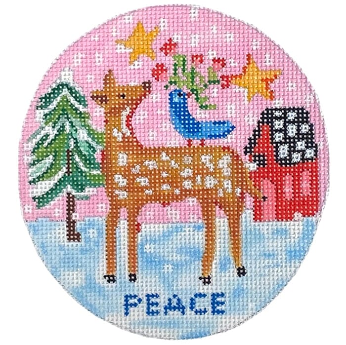 Peace Round Deer, Bird & Red House Painted Canvas Kate Dickerson Needlepoint Collections - 1